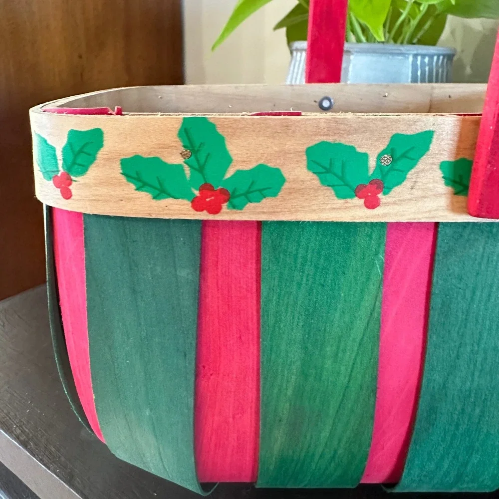 VTG Christmas Woven Wood Basket Red Green Stripe Holly Decor Cottagecore Country